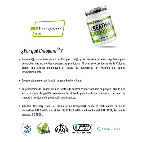 FULLGAS creapure® (creatina monohidrato en polvo) - neutra - 250g